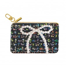 Tweed Fabric Coin Purse w / Pearl Bow